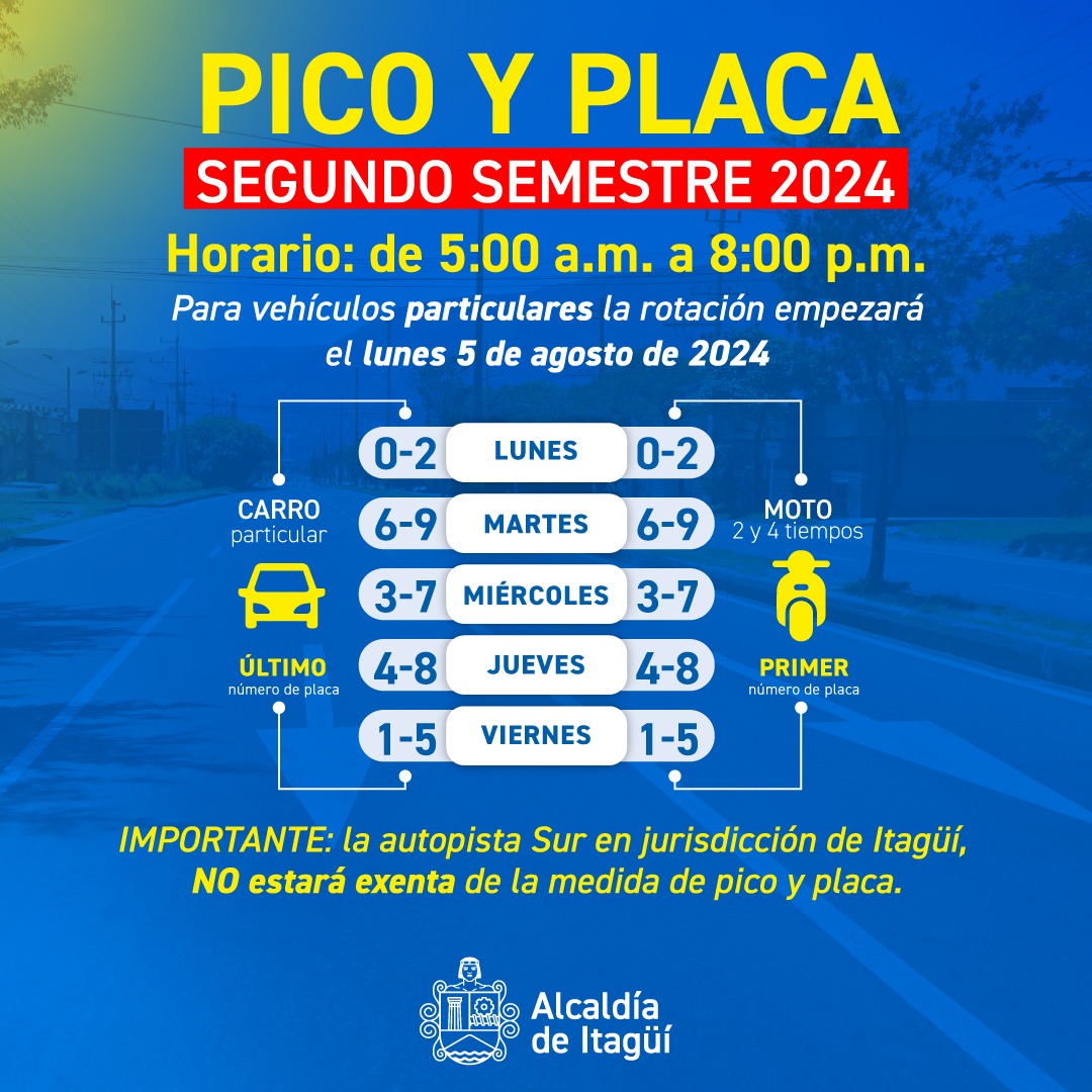 Horarios para Pico y Placa para el segundo semestre del año 2024